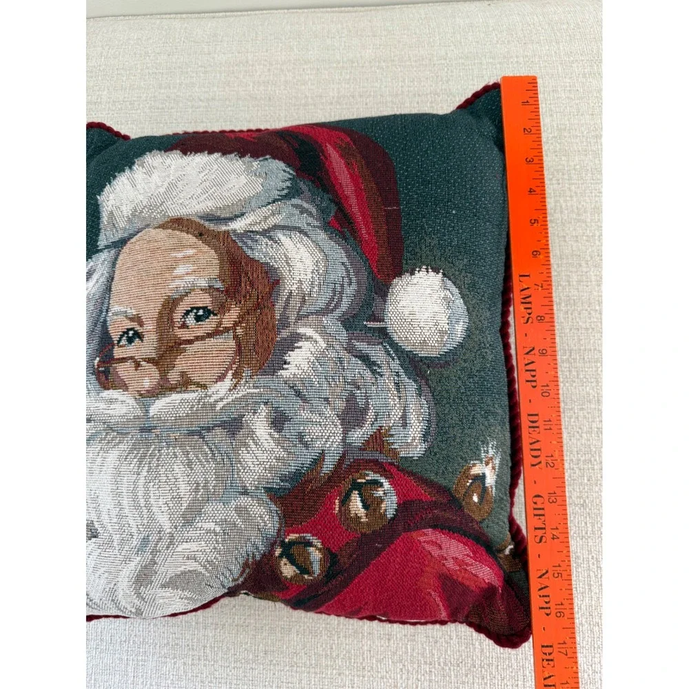 Santa Claus Tapestry Textured Christmas 2 Sided Pillow Red Cord Trim 17x17