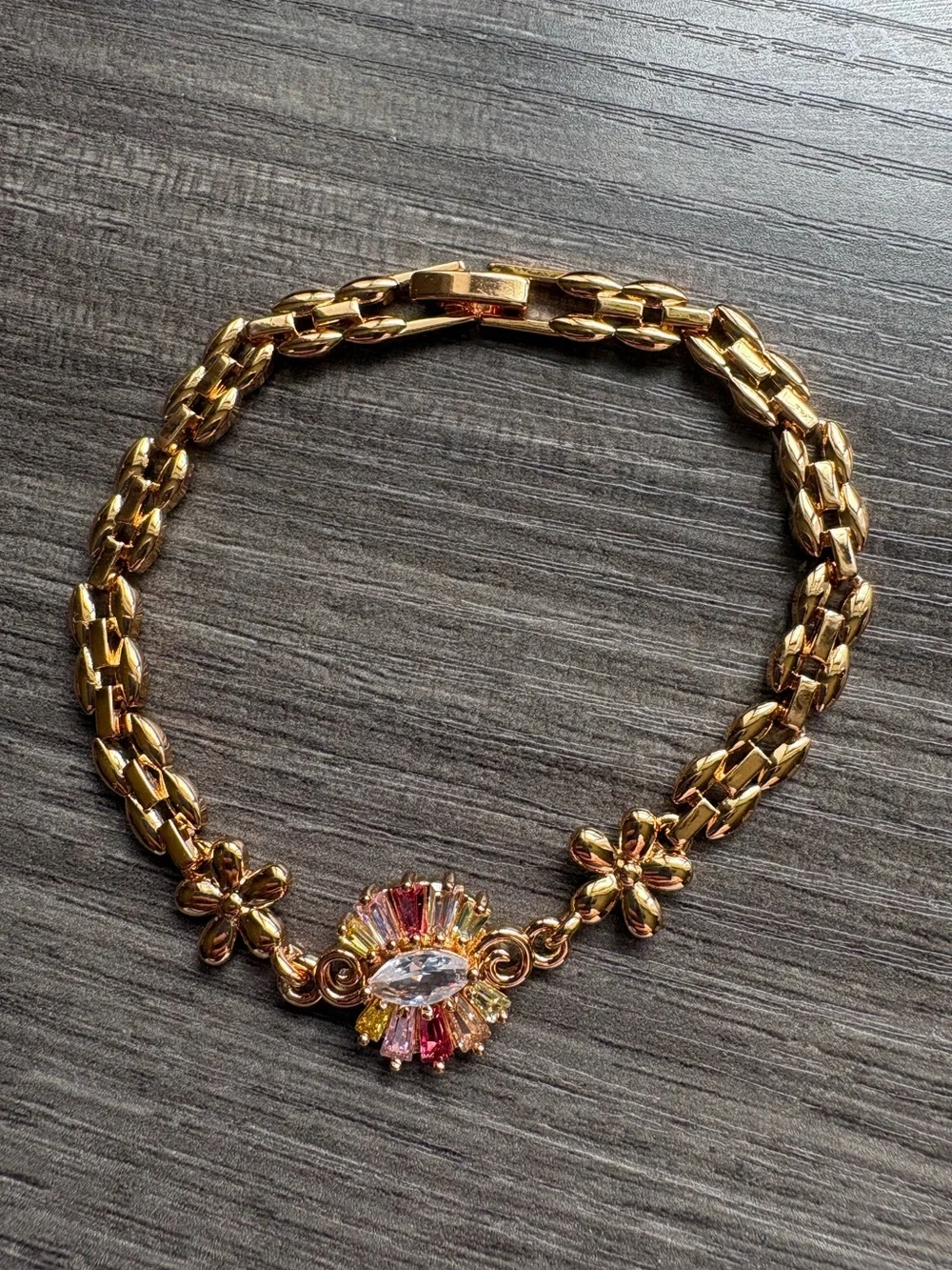 Gold Tone Floral Chain Necklace with Crystal Accent