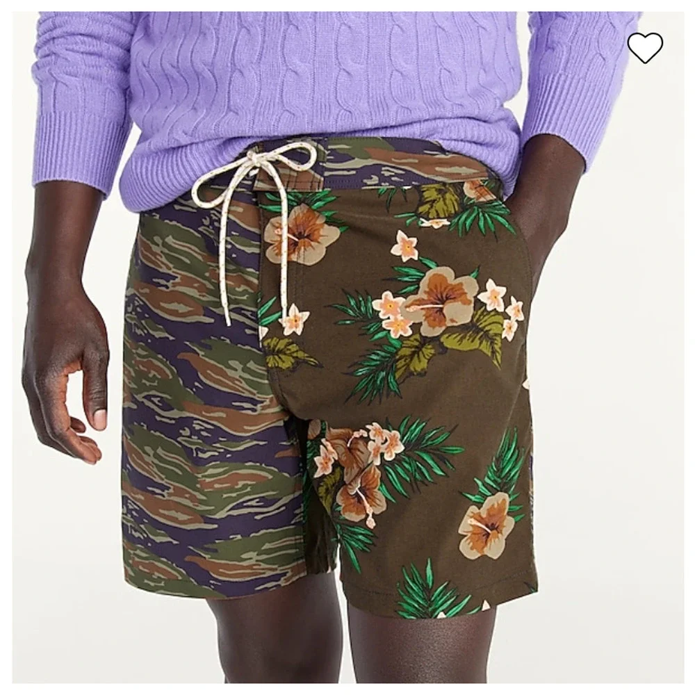 NWT J. Crew Men's Green Camo/Floral Print Swim Board Shorts -SZ 32