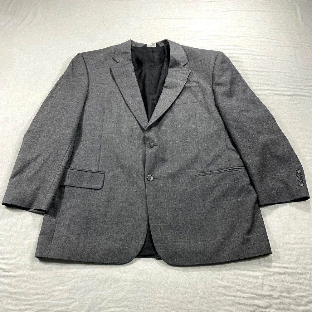 VINTAGE Jos A Bank Blazer Mens 46R Gray Check Wool 2-Button Sport‎ Coat Jacket *