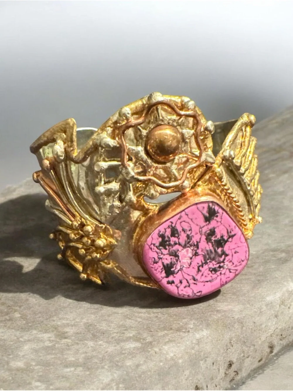 Gold Plated Pink Stone Statement cuff bracelet 431
