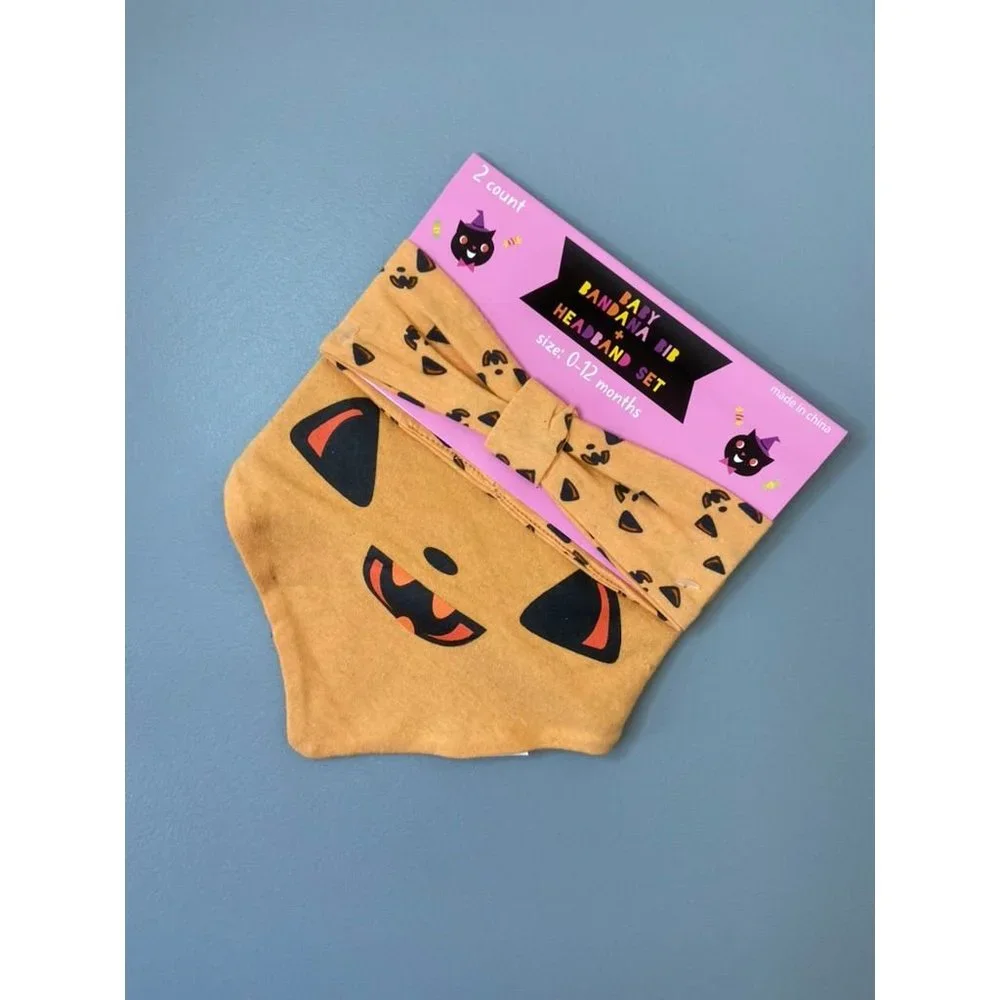 Baby girl halloween bandana bib and headband set jack o lantern orange‎