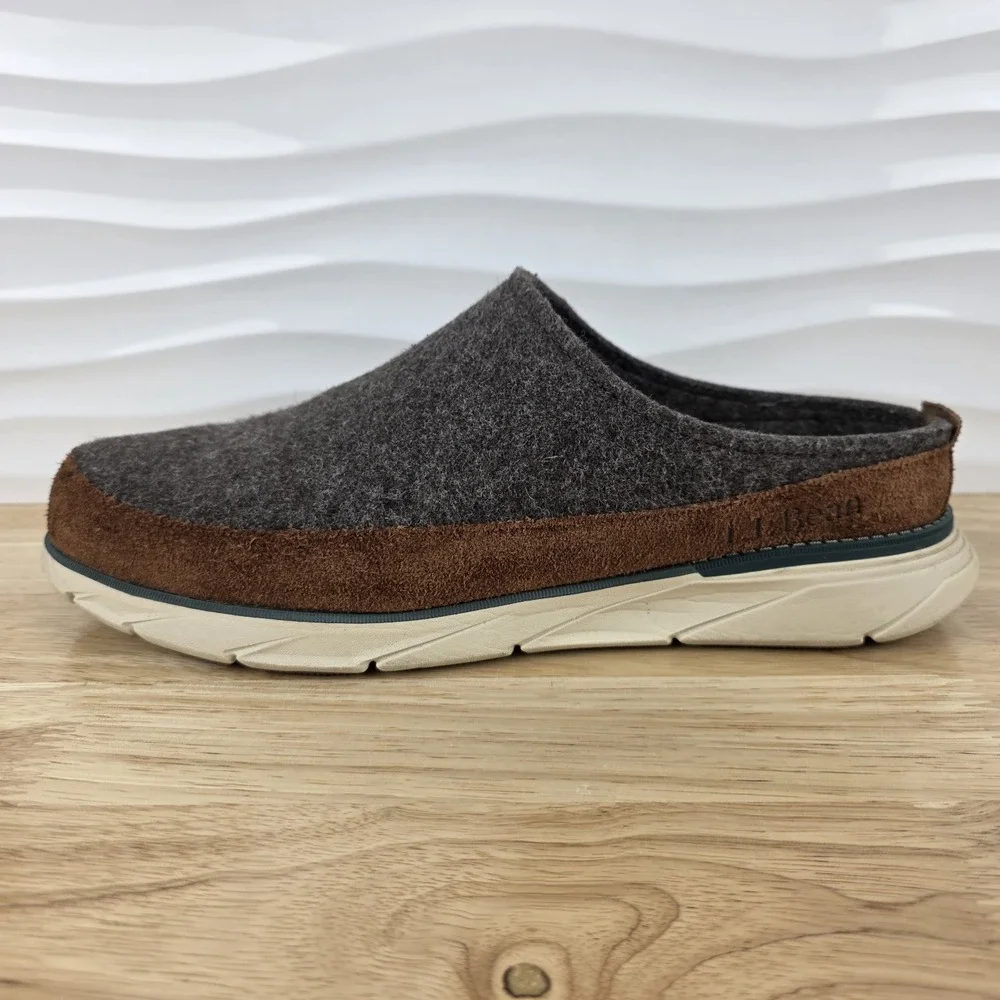 LL Bean Downeast Slip On Clogs Gray Wool Brown Suede Shoes Mens Size 11