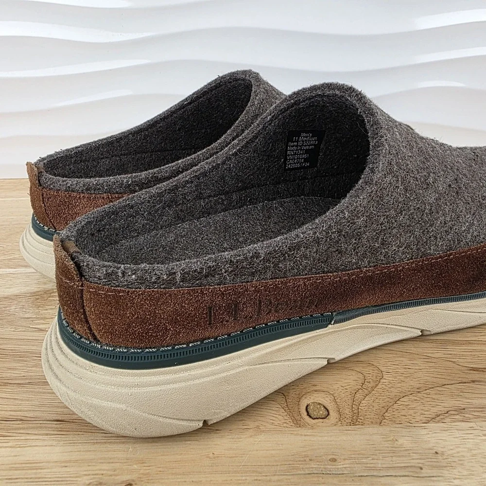 LL Bean Downeast Slip On Clogs Gray Wool Brown Suede Shoes Mens Size 11