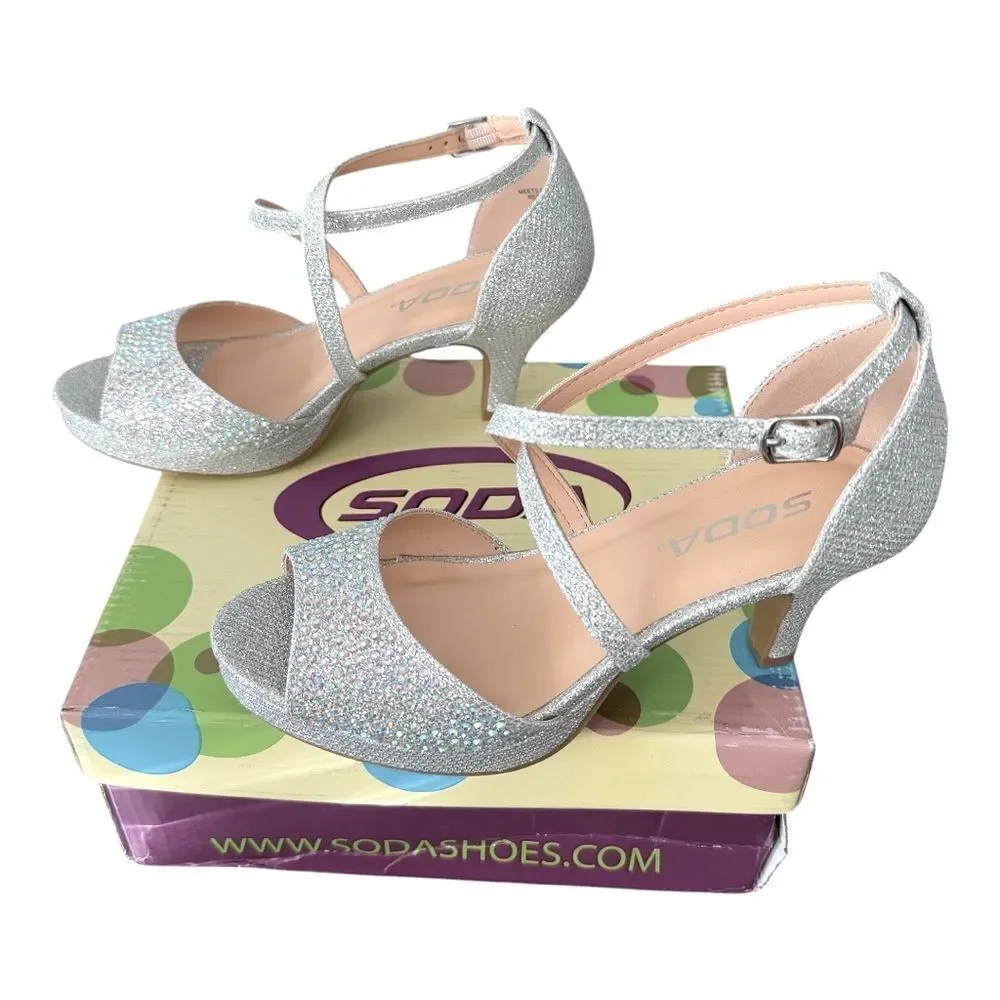 Soda Yuchi Silver Rhinestone Strappy Heels Girls Size 2 Little Kid Dress Shoes⁠