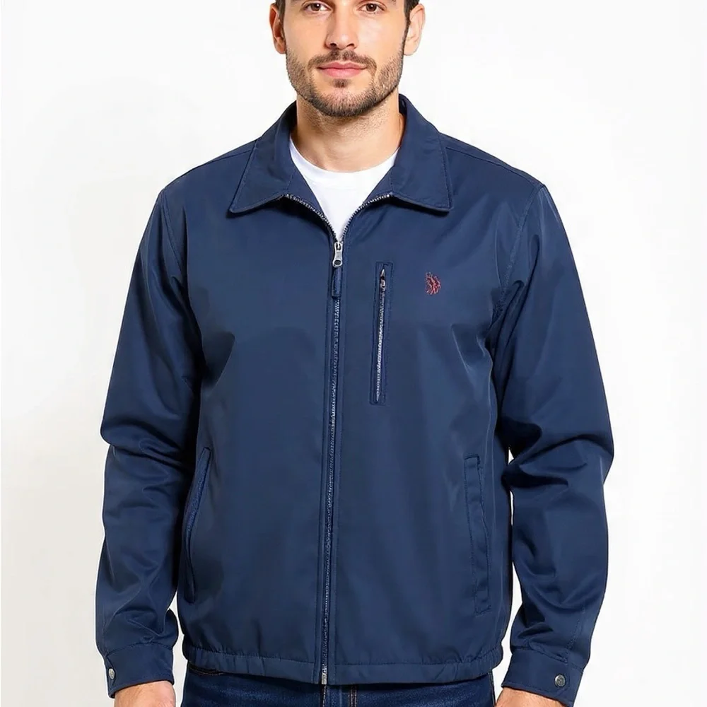U.S. Polo Assn Mens 2XL Navy Windbreaker Jacket Red Lining Full Zip Lightweight