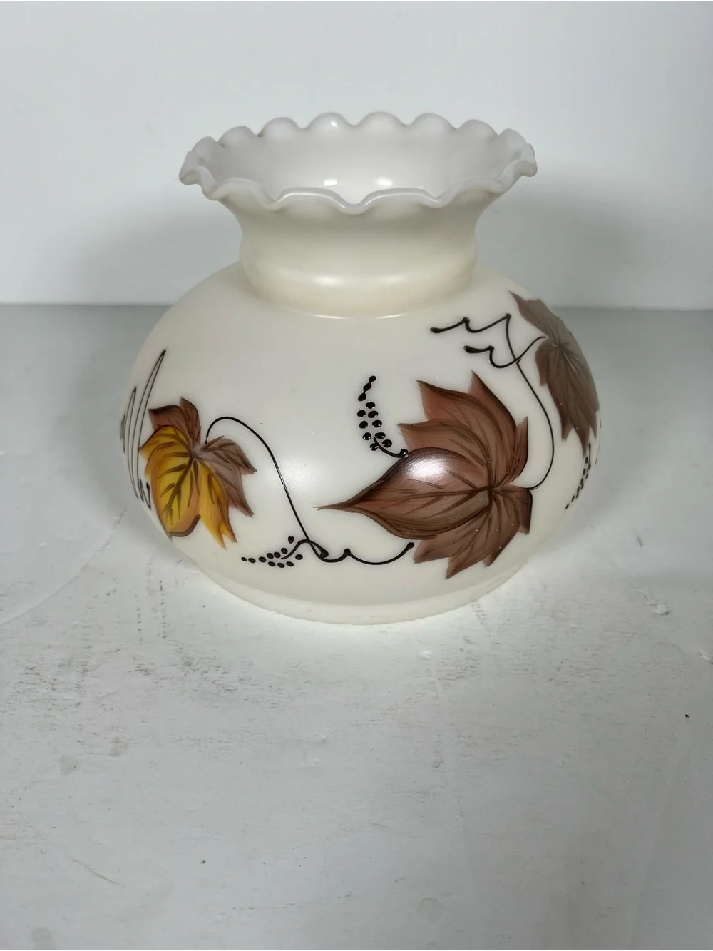 Hurricane Milk Glass White Lantern Shade with Brown and Yellow Leaf Design
