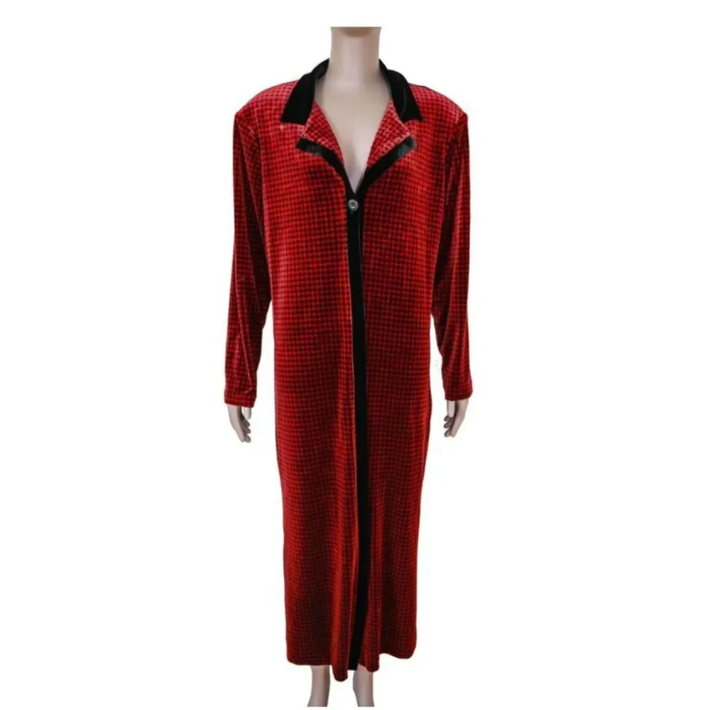 Cold Water Creek Velvet Houndstooth Duster Coat Red Black Vintage Size L