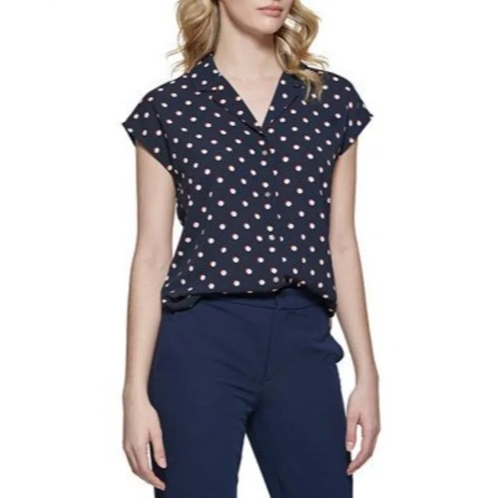 Tommy Hilfiger‎ S Polka Dot Sleeveless Blouse V Neck Camp Shirt