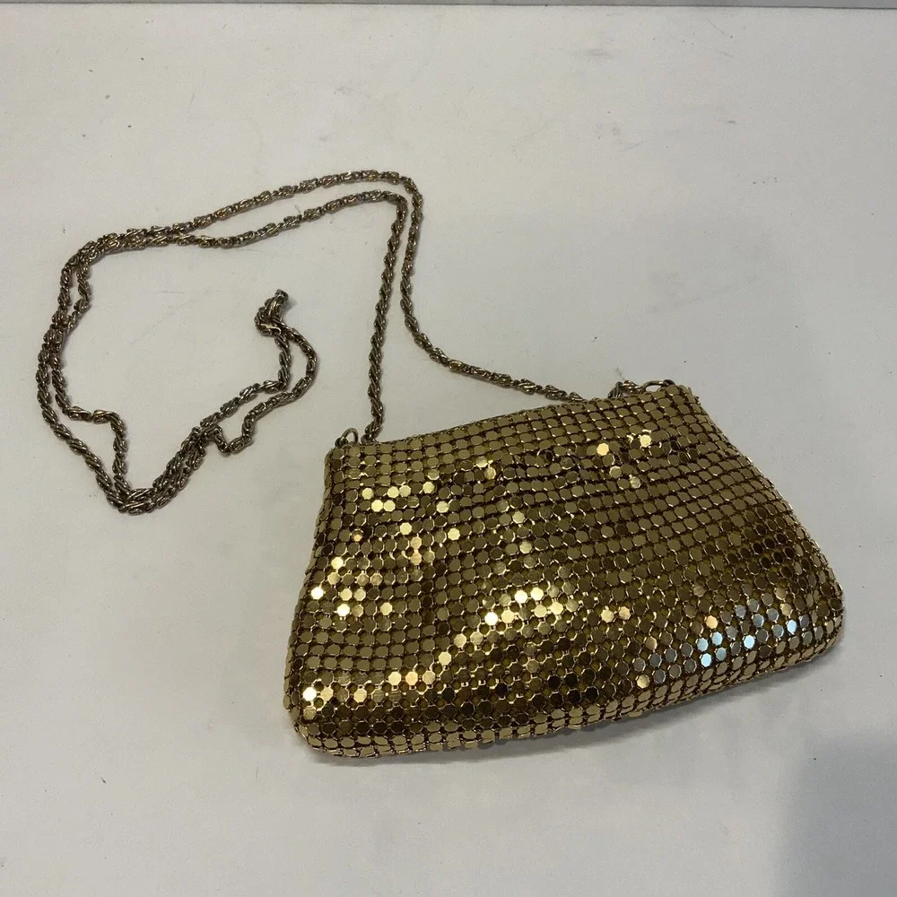 Vintage Y&S Gold Metal Mesh Covered Evening Hand Bag Purse Metal Rope Strap