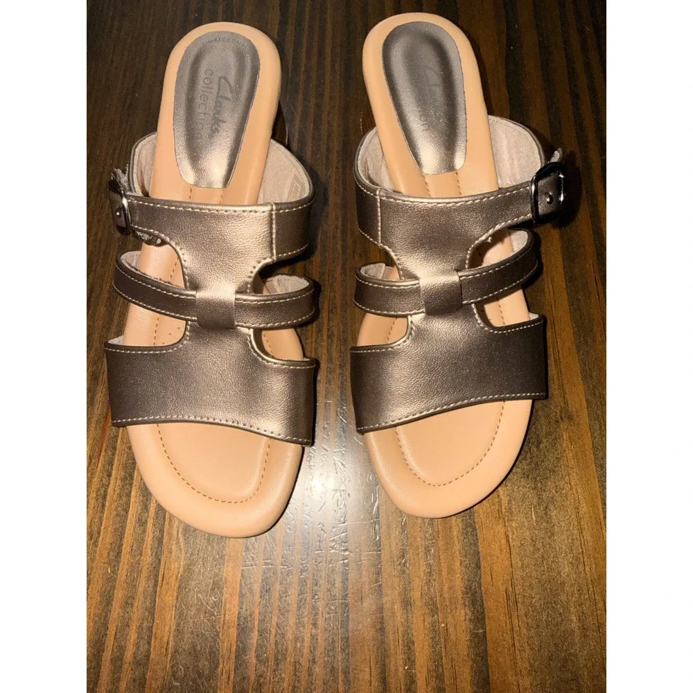 Clarks Collection Womens Metallic Bronze Strappy Block Heel Slide Sandals Size 6