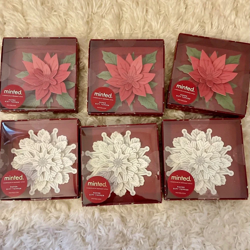 Minted Paper Gift Topper Poinsettia Snowflake Holiday Christmas Decoration Set 6