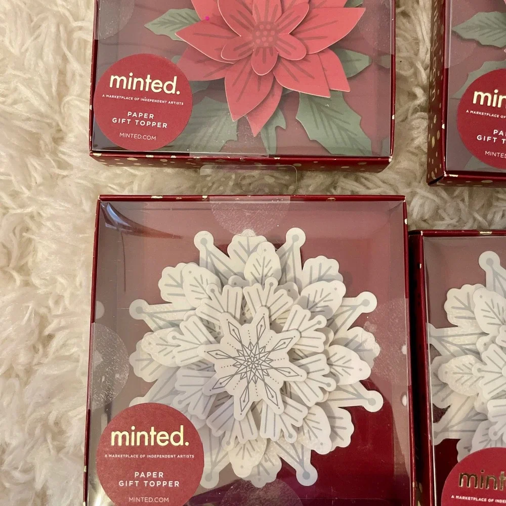 Minted Paper Gift Topper Poinsettia Snowflake Holiday Christmas Decoration Set 6