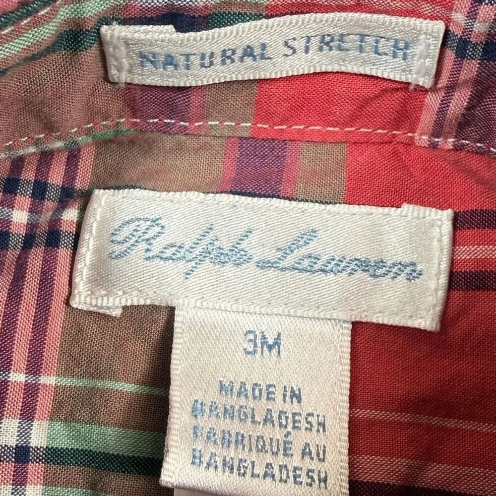 RALPH LAUREN Baby Boys' Natural Stretch Tartan Plaid Long Sleeve Button Down 3M
