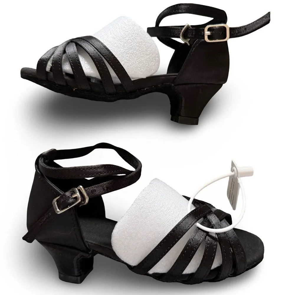 DanceandSway Kids Black Satin Latin Ballroom Dance Shoes Sz 7.5 EU 24 1.9