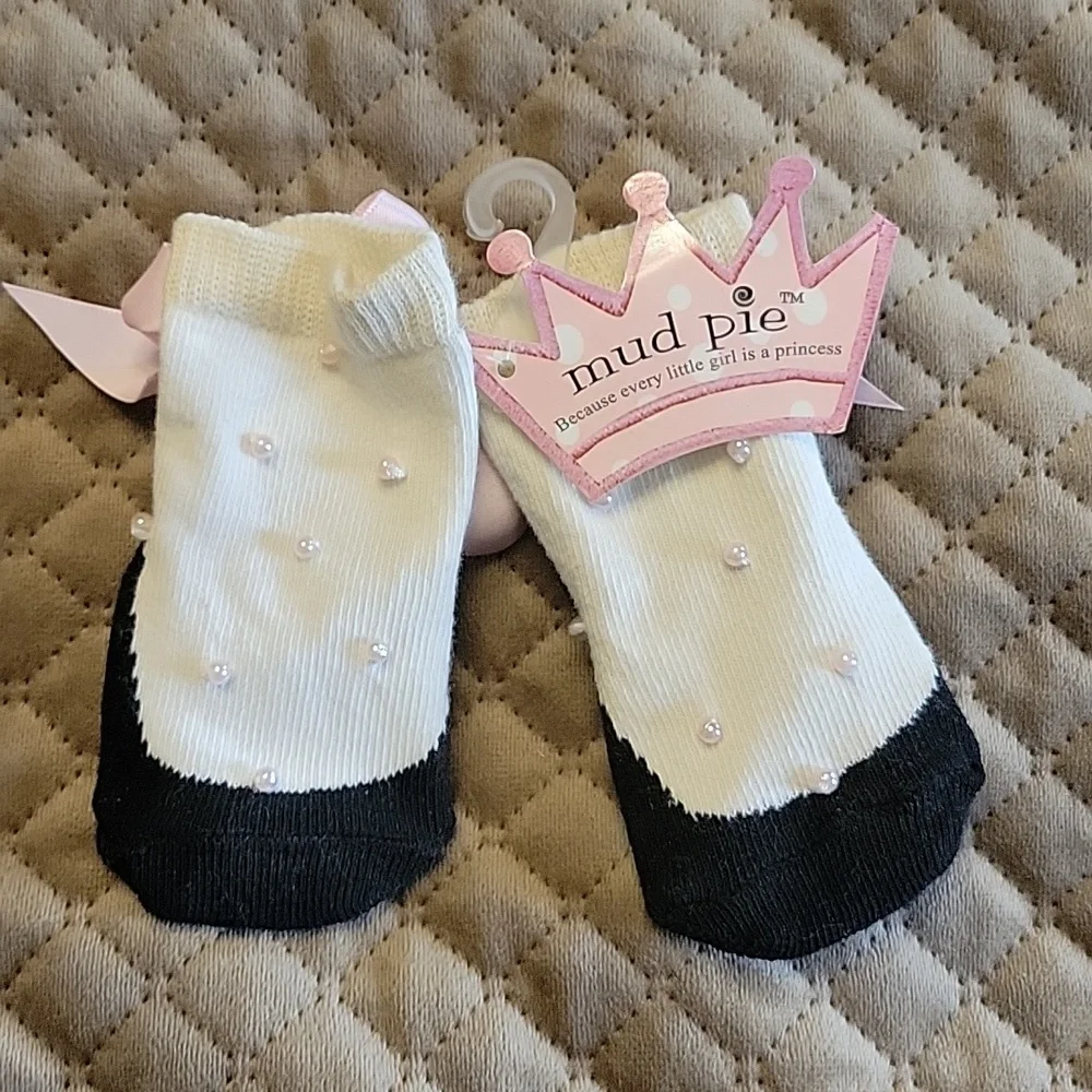 Socks Pink pearl accent‎ black and white pink bow Mud Pie NWT boutique 0-12M NEW