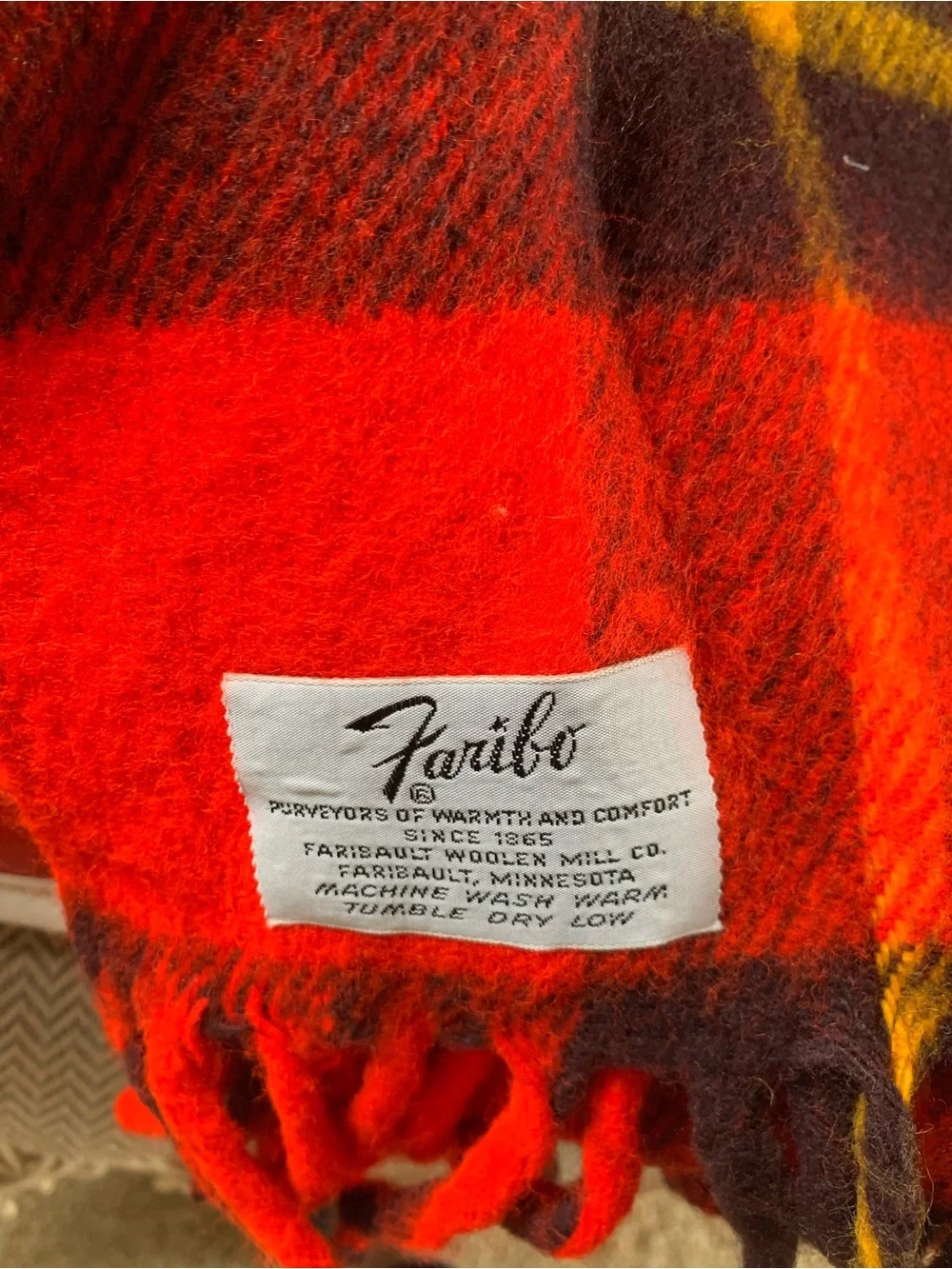 Vintage Faribo Plaid Red Stadium Blanket  and Vinyl Storage Carrier 56” x53”