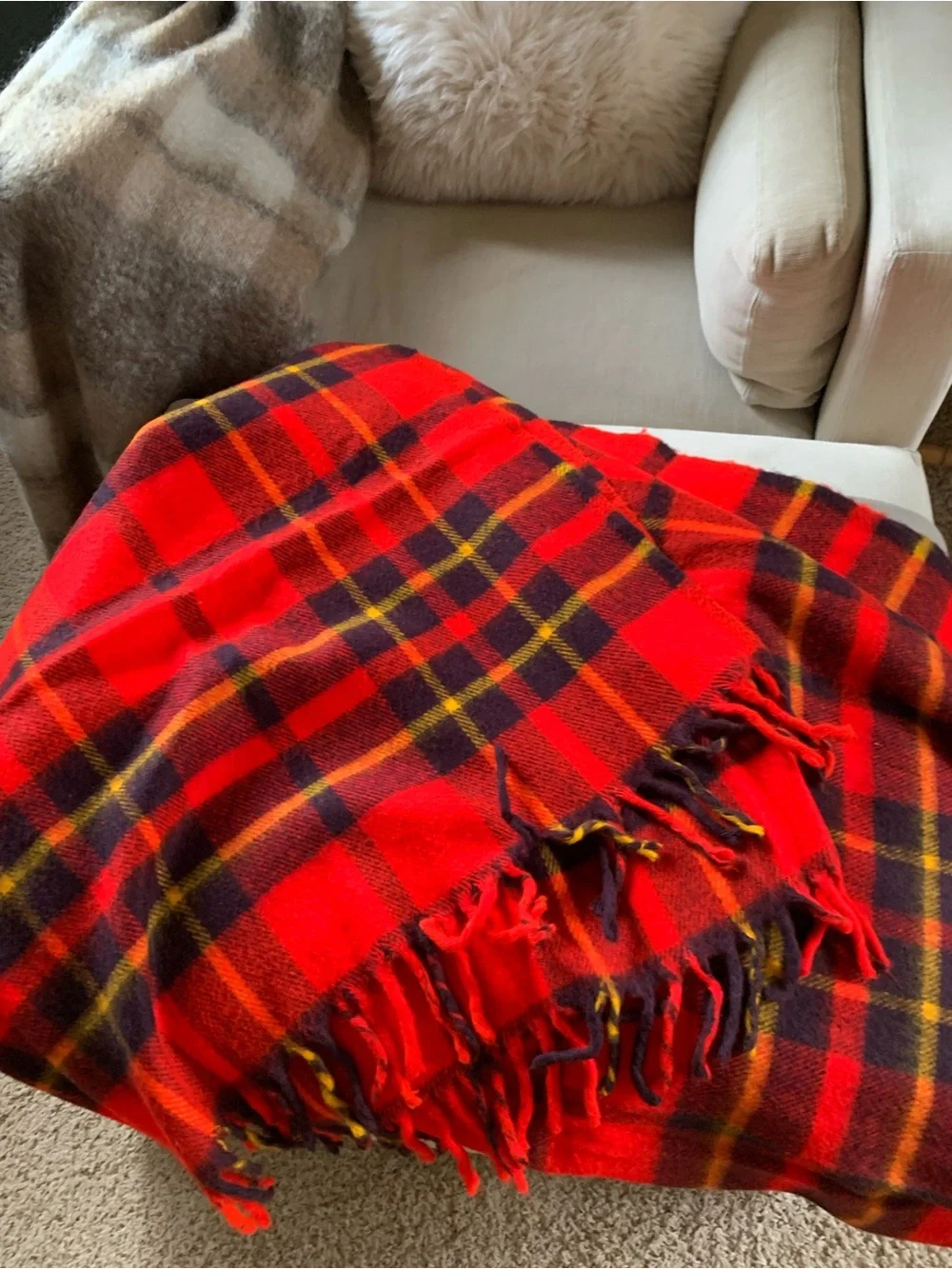 Vintage Faribo Plaid Red Stadium Blanket  and Vinyl Storage Carrier 56” x53”