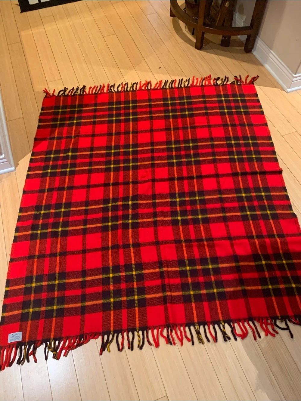 Vintage Faribo Plaid Red Stadium Blanket  and Vinyl Storage Carrier 56” x53”