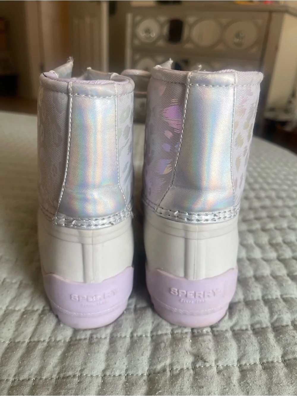 Kids Sperry Waterproof Lace-Up Duck Boots in White and Lilac