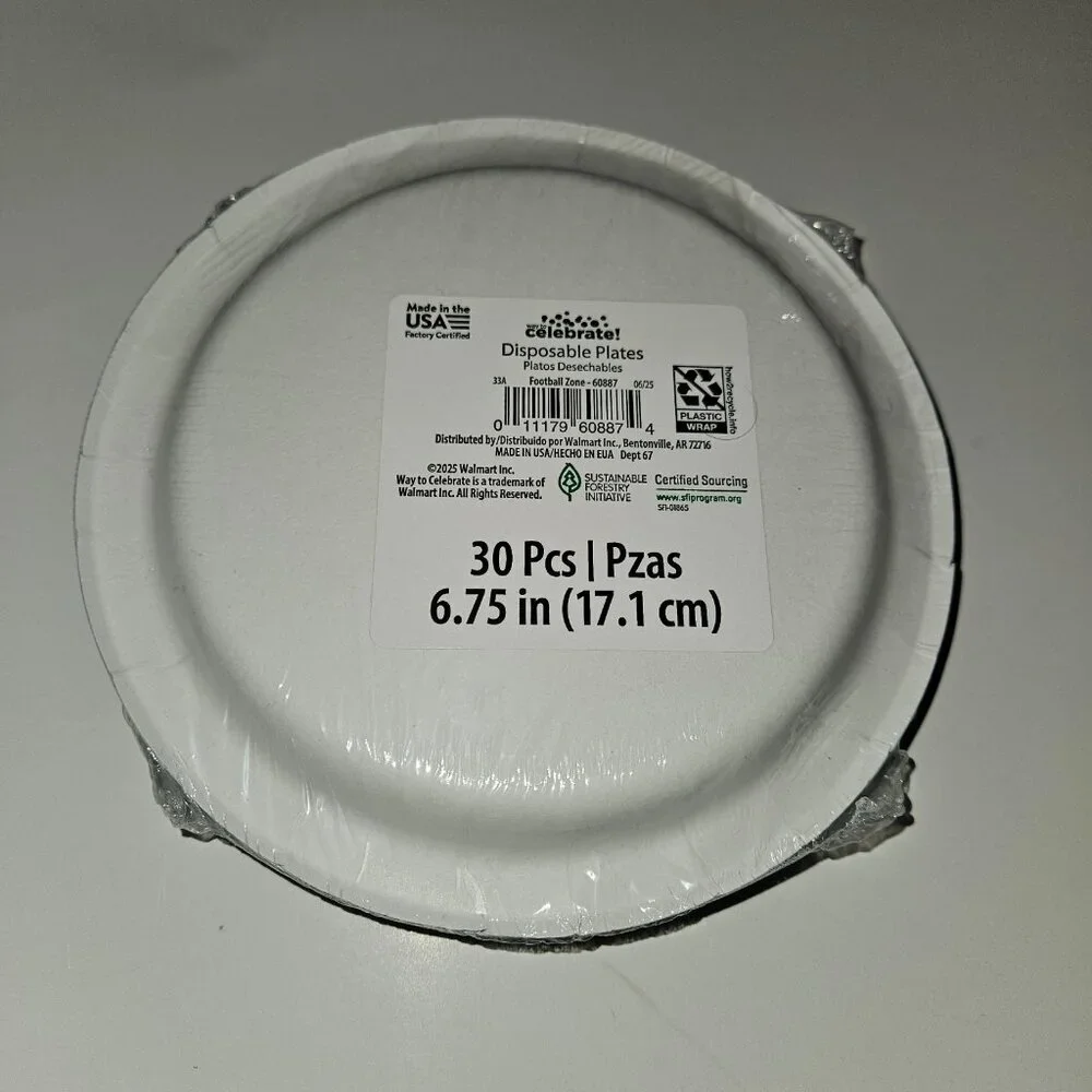 NEW 2 Pkgs Paper Plates Lot (30/pk) Football Touchdown Party Green White 6.75