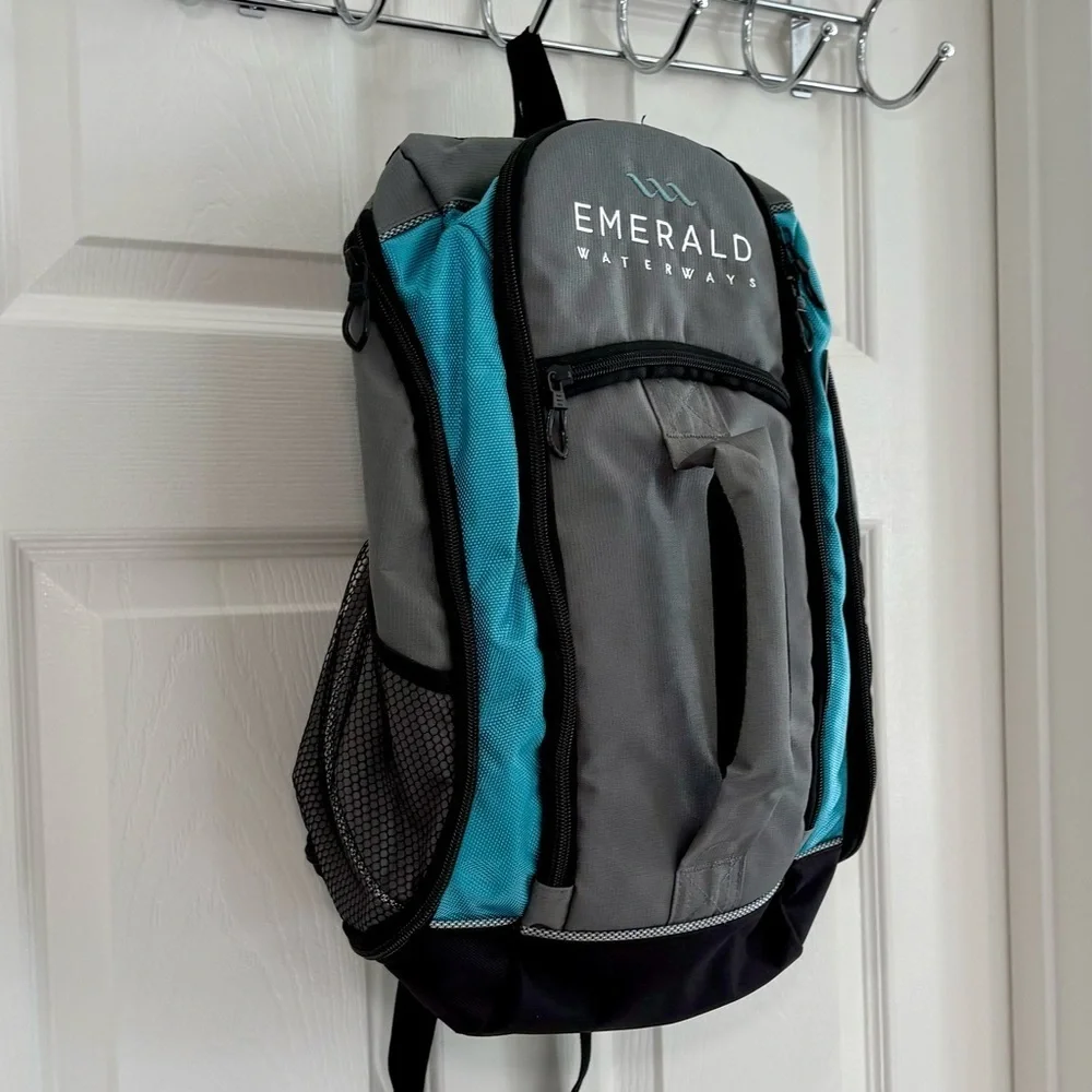 Emerald Waterways Daypack, Backpack Travel Bag -Gray Blue Black Side Pockets EUC