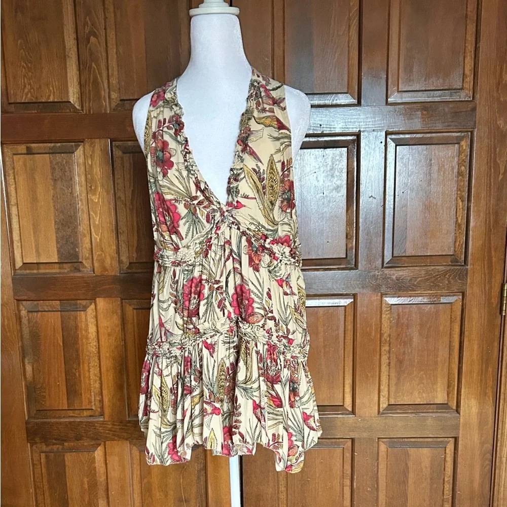 Free People Tiered Layered Floral Bird Print Blouse Top Tunic Small Boho