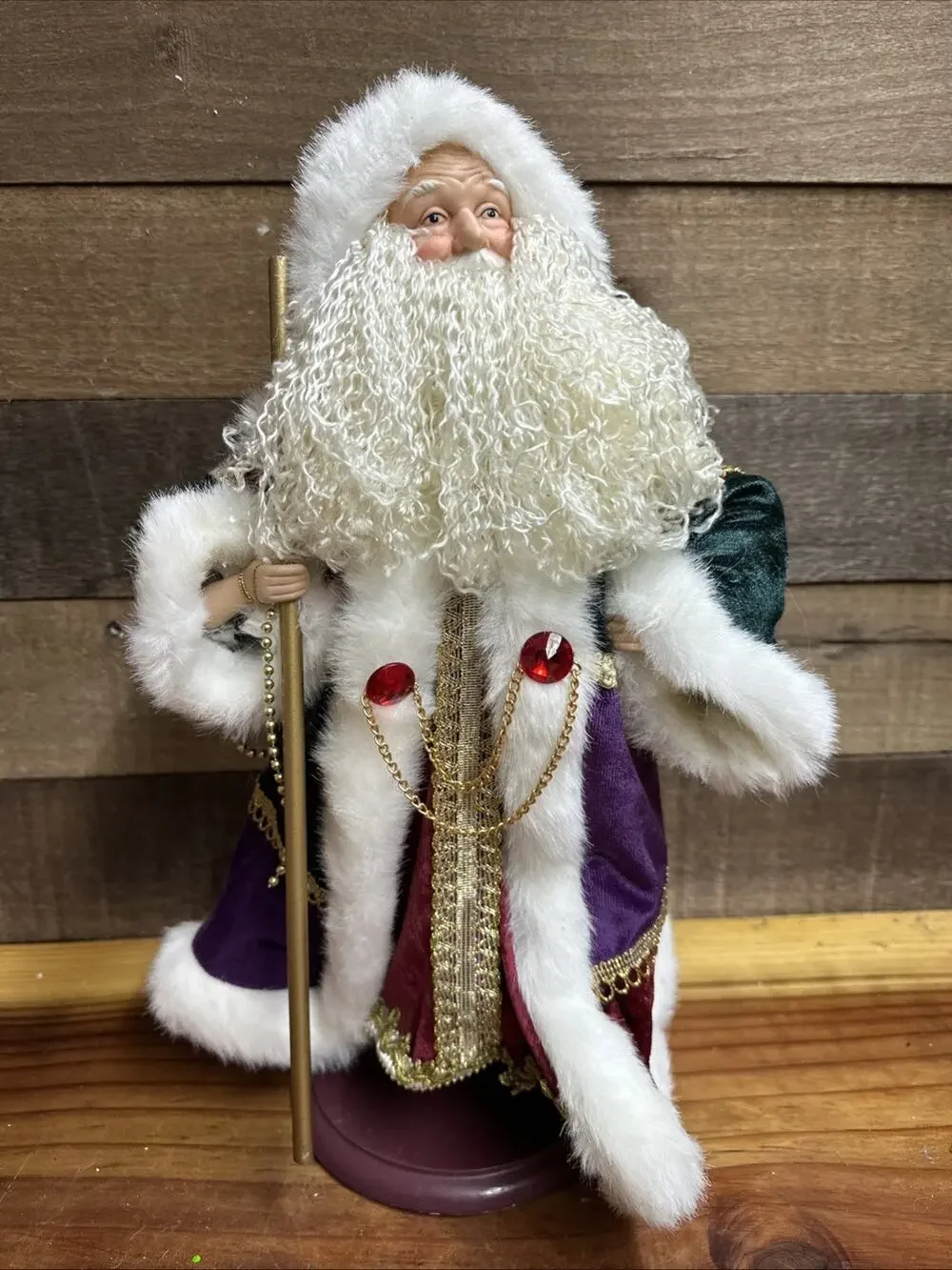 RARE Pier 1 Santa Figure W/Staff In Red & Purple Velvet Robe W/Gold Accents