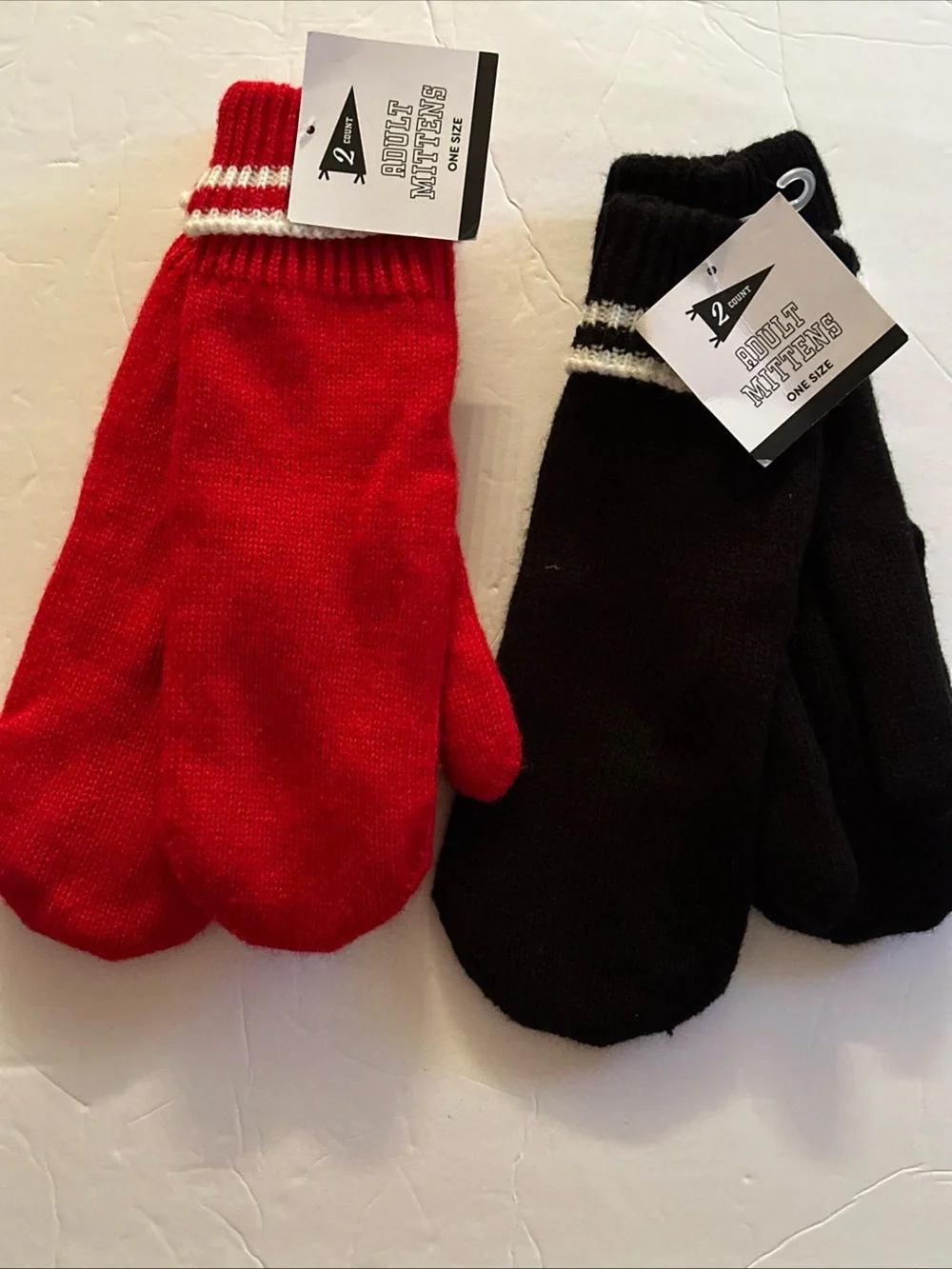 Women’s 2-Pack Knit Mittens Black & Red White Stripes Bundle New