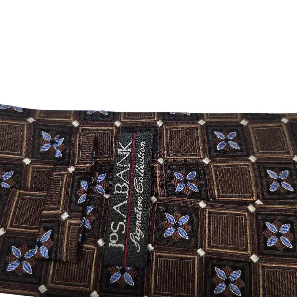 Jos A Bank Signature‎ Collection Mens Necktie 7-fold Brown Blue Silk Embroidered
