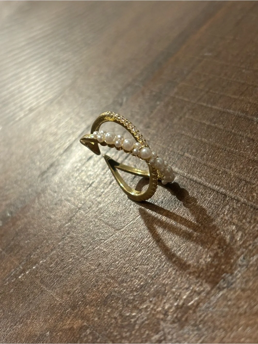 Gold Tone Open Cuff Ring with Faux Pearls & Crystal Accents – Adjustable