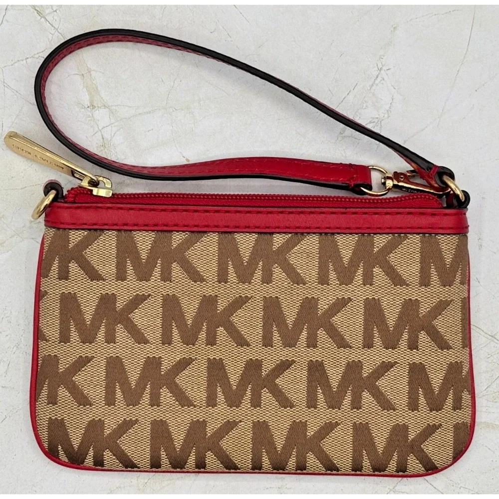 Michael Kors Jacquard‎ Monagram Wristlet Mini Bag Red Leather Signature Lining