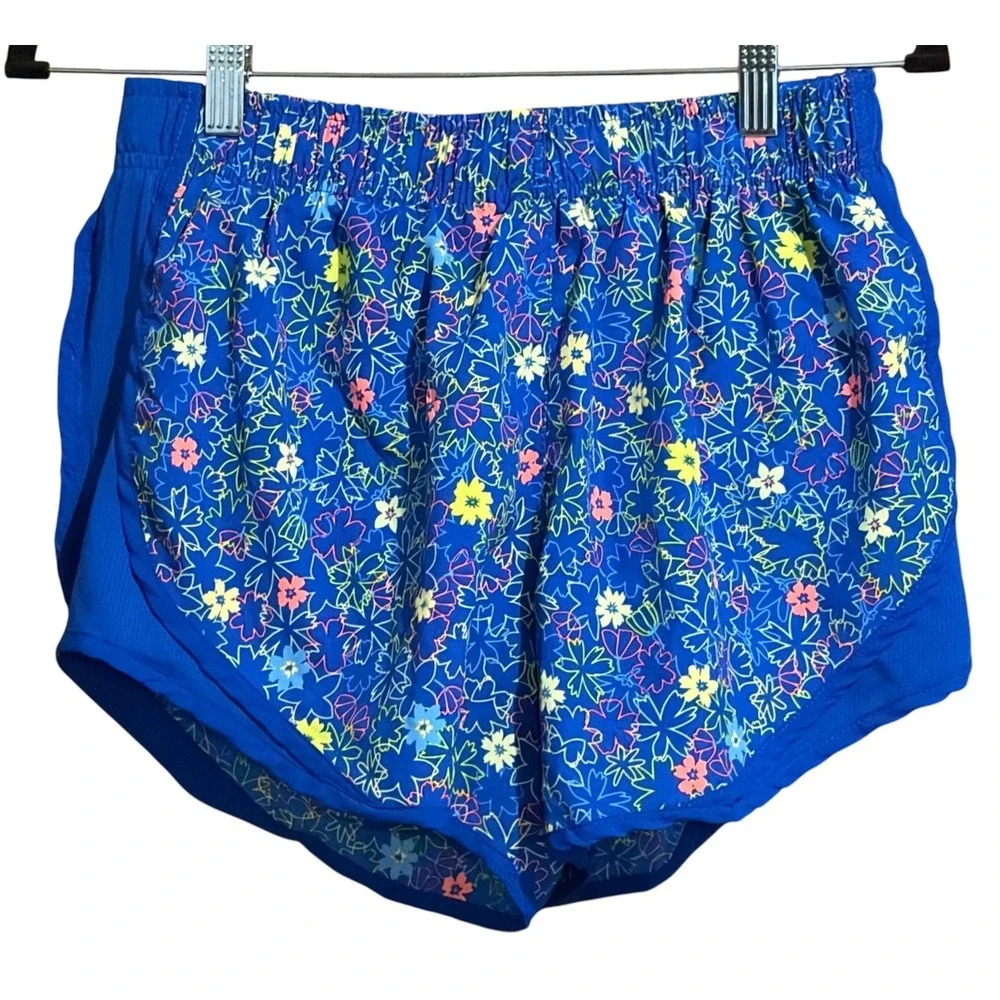 Bucky's Floral Running Shorts Blue Neon Flower Print Women's Athletic Shorts