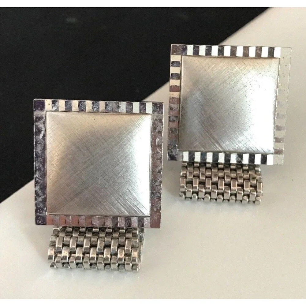 Vintage 1960s Square Cufflinks Silver Tone Brushed Finish Mesh Mid Century - 3B