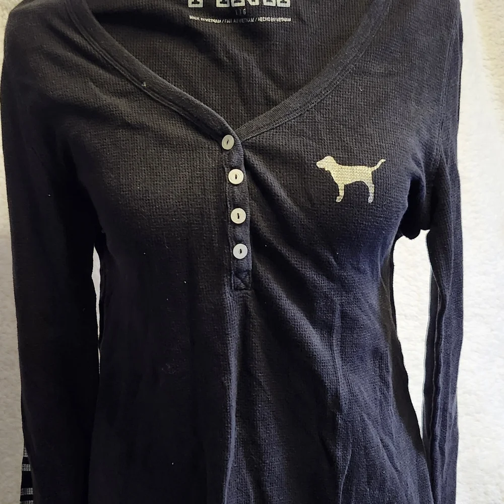 Victoria's Secret Black Long-Sleeve Henley with Cream Dog Logo