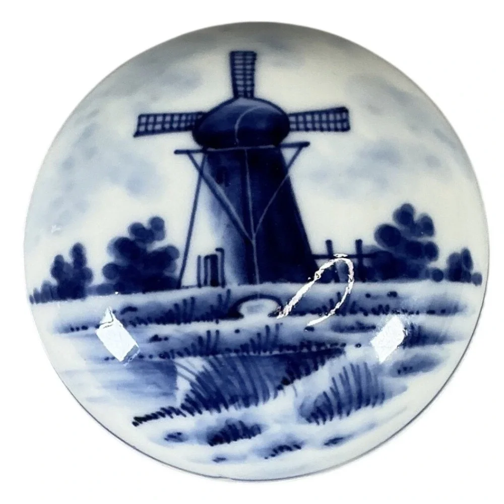 Vintage Blue White Porcelain Trinket Box Windmill‎ Germany Small Jewelry Box