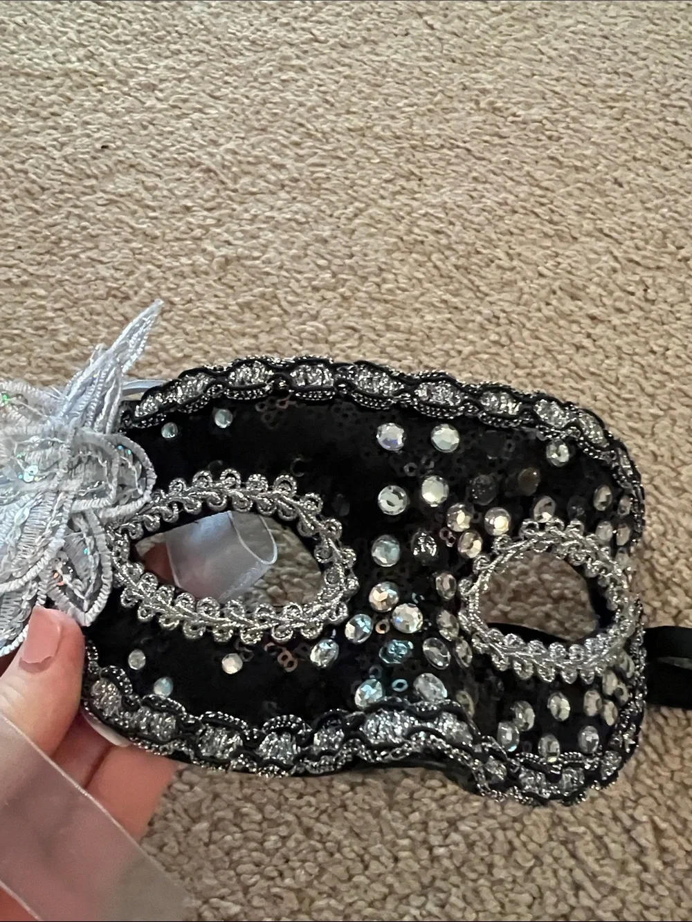 Black and Silver Beaded Masquerade Eye Mask with Ribbon Accent