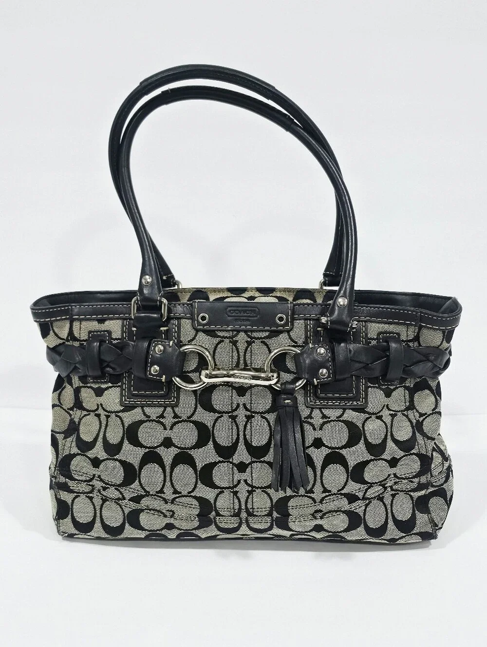 Coach Signature Jacquard Tote Bag Black Ivory Leather Trim F15665