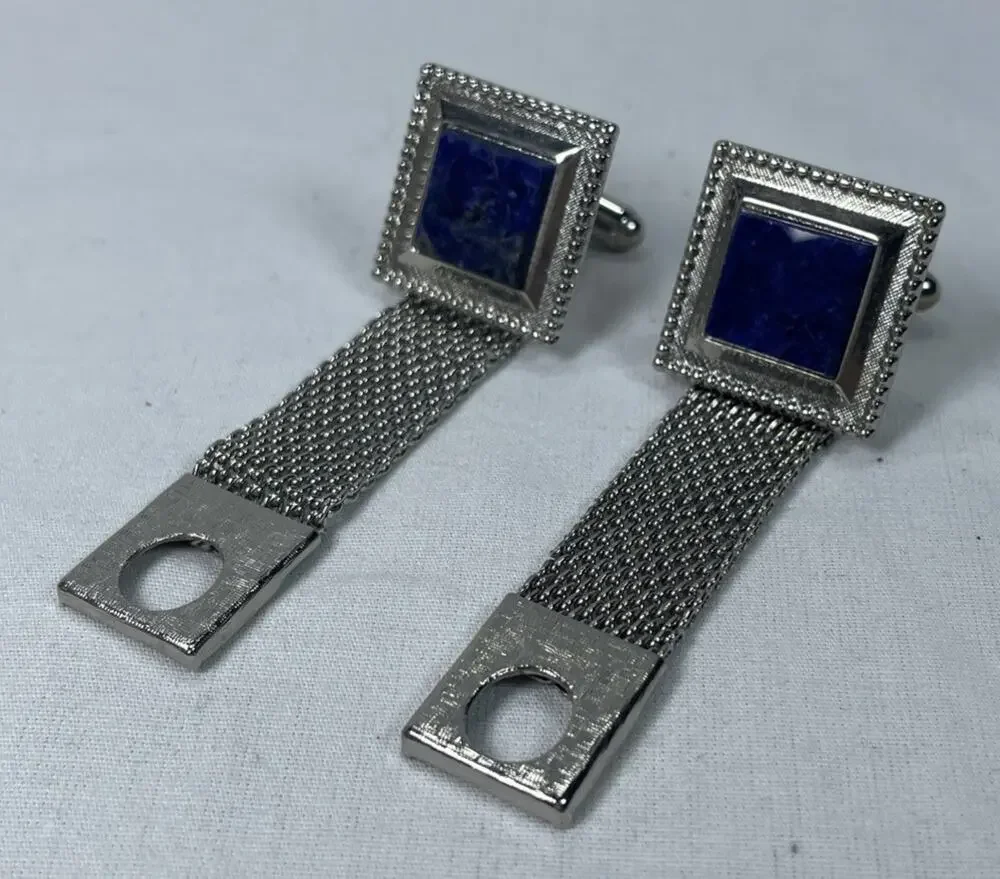 Vintage BLUE SODALITE Silver Wrap-Around Square Cufflinks, With Bonus Tie Bar!