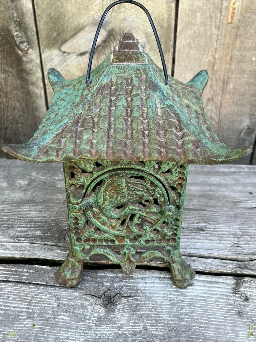 Decorative Green Patina Cast Iron Pagoda Lantern - Home Accents