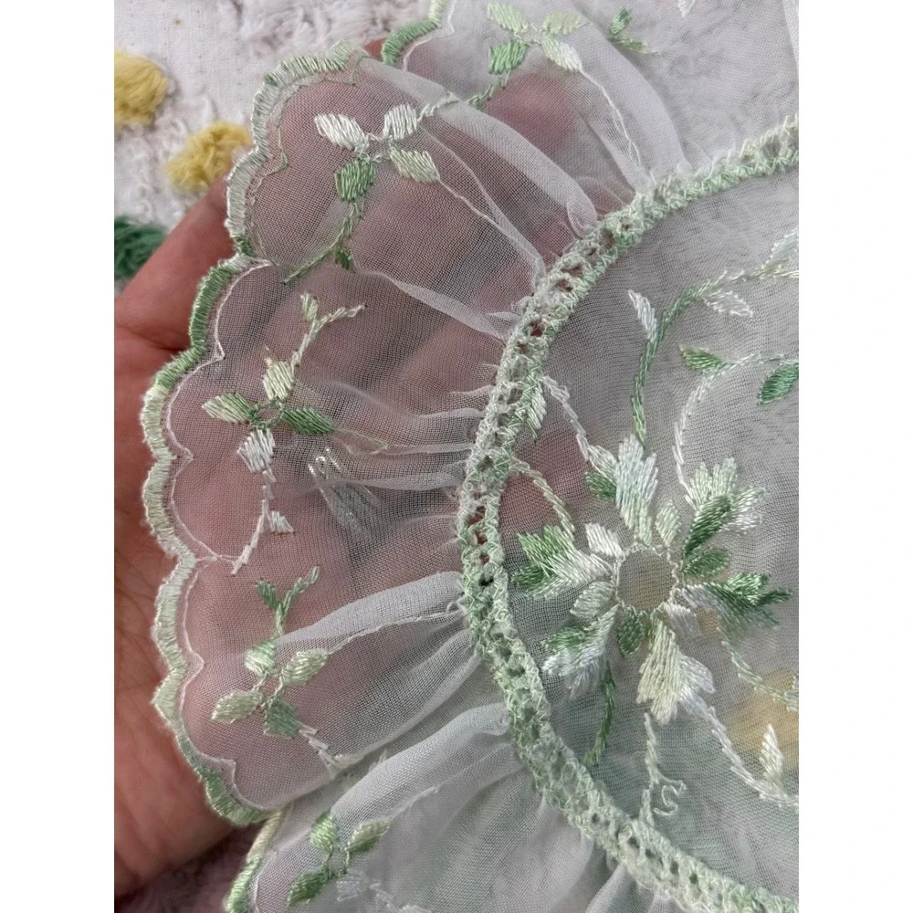 Vintage Lace Doily Set Cream Battenberg Lace & Green Embroidered Organza 2pc