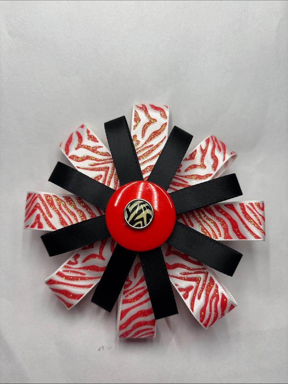 Red & Black Zebra Ribbon Flower Hair Bow