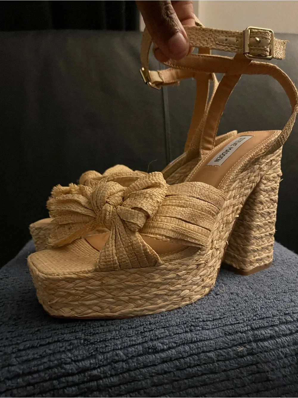 Steve Madden Women’s ROMEY Natural Raffia Bow Platform Sandals Sz 9.5 NWOB