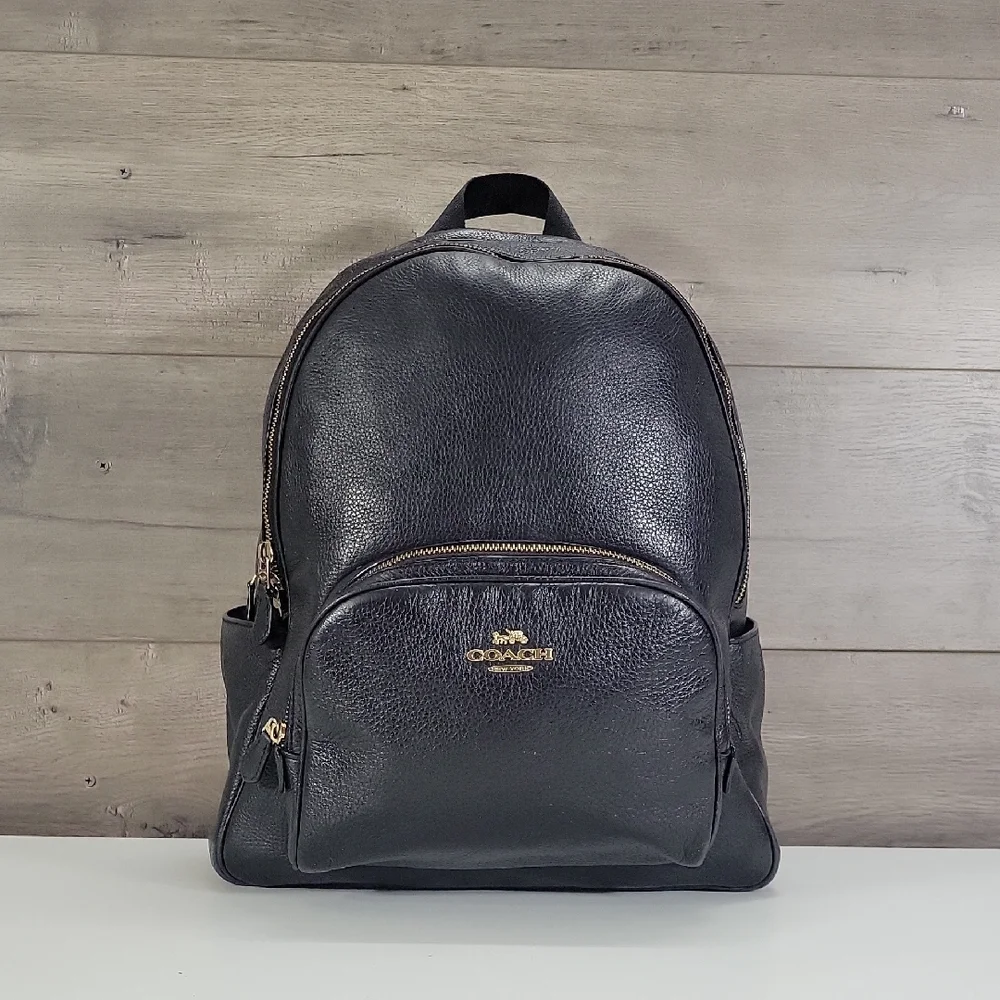 Coach Black Pebbled Leather Laptop Backpack with Gold-Tone Logo 5869