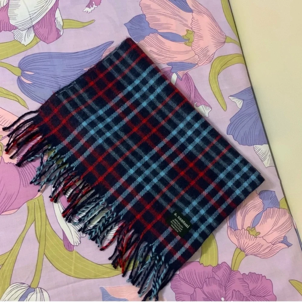 NWOT A.Santoni Knit Blue/Red Plaid Scarf Unisex Size 56X16
