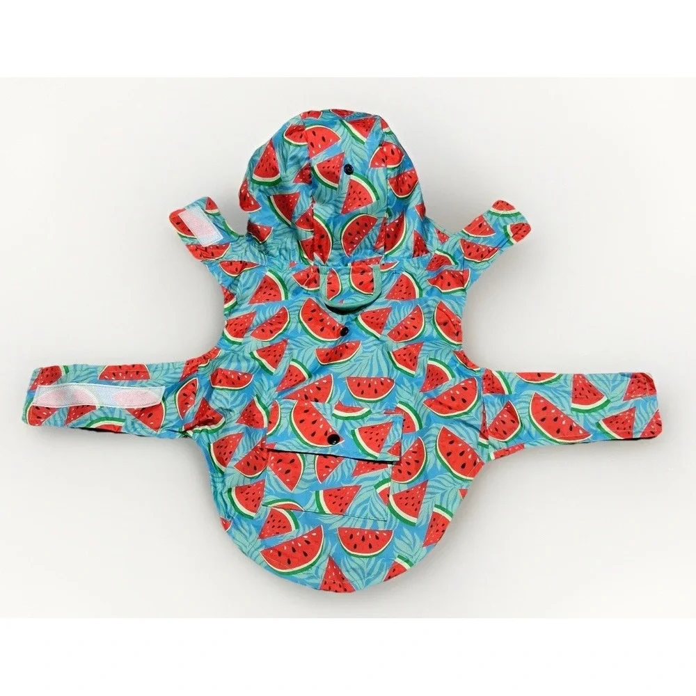 Watermelon Print‎ Dog Raincoat Hooded Blue Tropical Fruit Pet Jacket Small