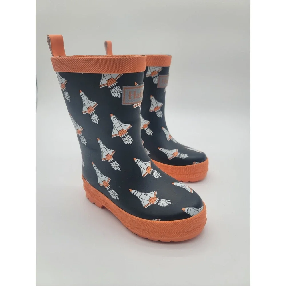 Hatley Space Shuttle Rain Boots Kids Size 8 Navy Orange Waterproof Rubber