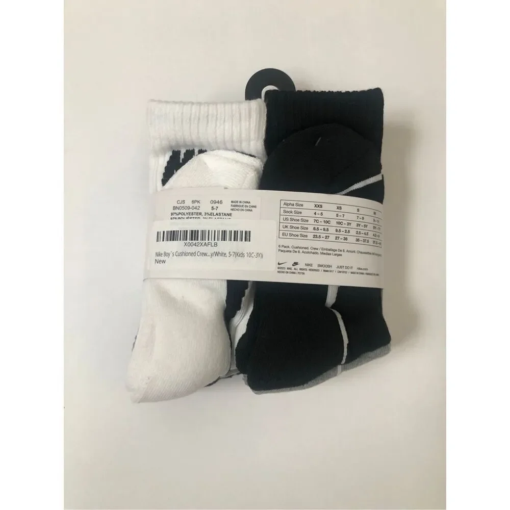 Nike Boys Cushioned Crew Socks 6 Pack (Grey/White/Black) size 10C- 3Y