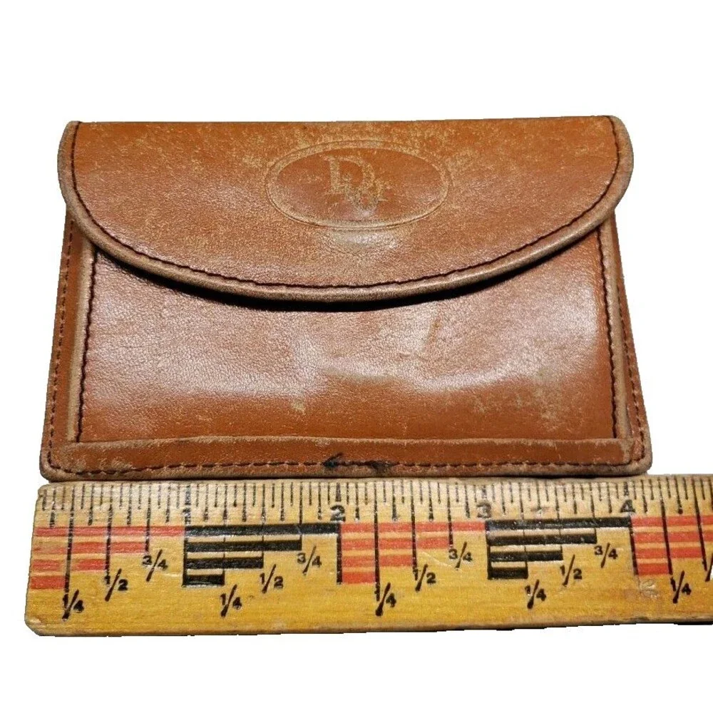 Vintage Christian Dior Brown Leather Card Case Wallet Envelope Oval Logo Graphic