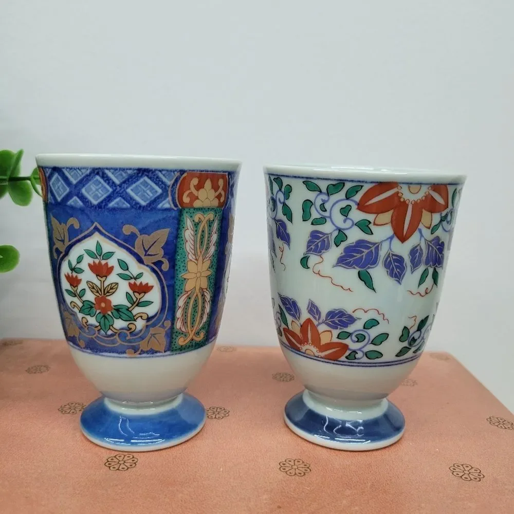 Pair Japanese Vintage Arita Porcelain Footed Tea Cups
